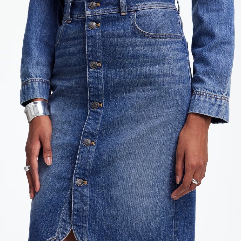 NWT Madewell Denim Button Front Midi Skirt in Concho Wash Size 32 Fall Basic